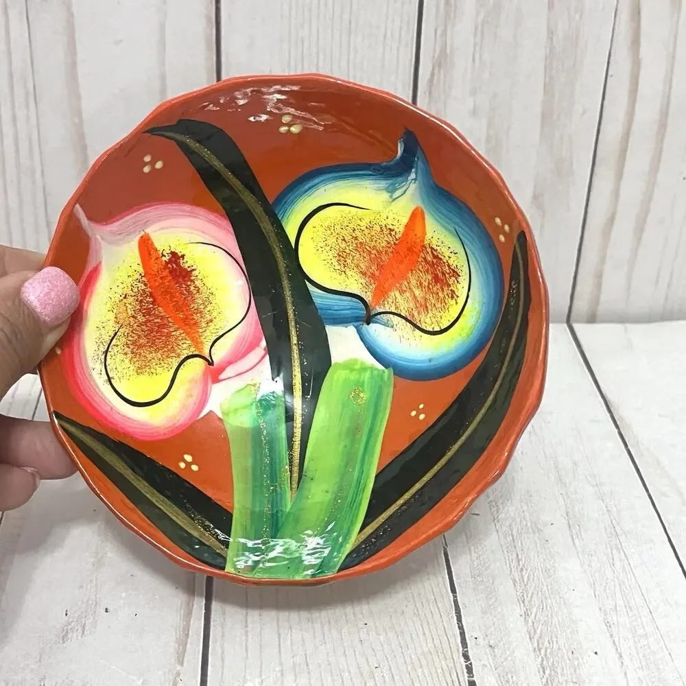 Vintage Mexican Pottery UV Reactive Hand Painted Calla Lily Bowl MCM Kitsch